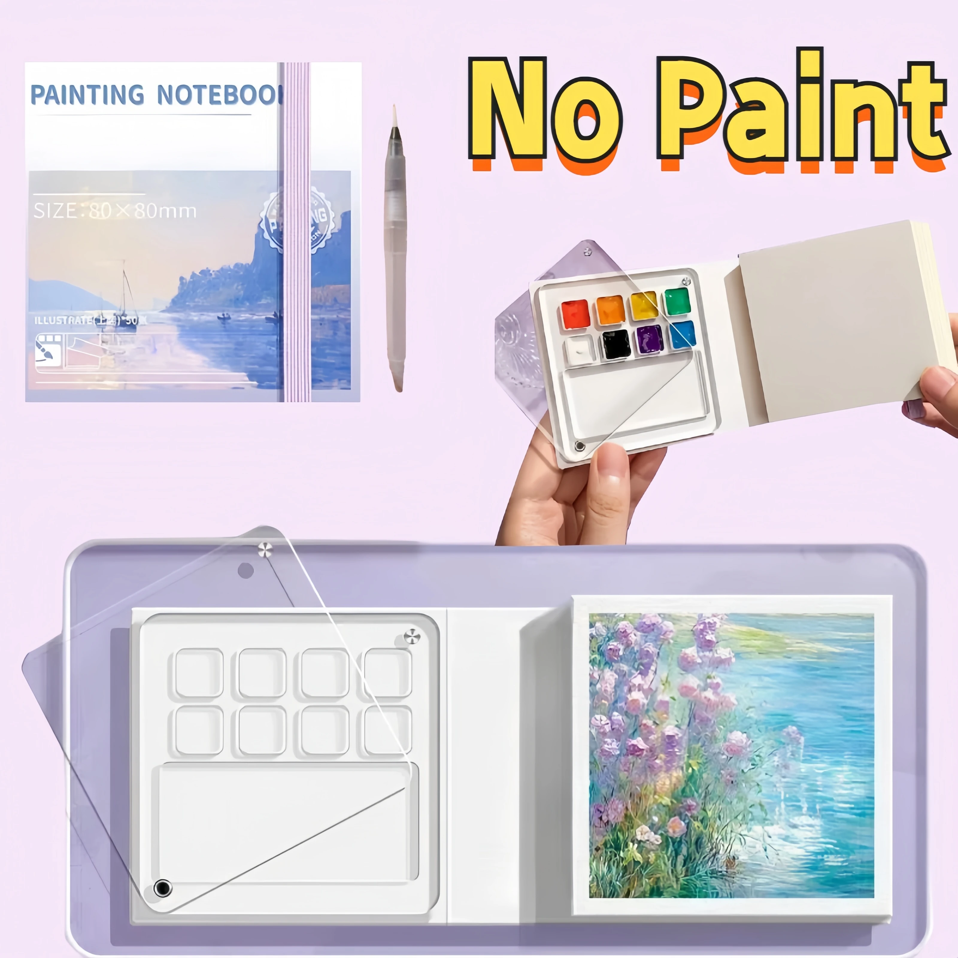 مجموعة طلاء صغيرة محمولة - أقلام ألوان مائية، صندوق طلاء 8 ألوان وكراسة رسم لجميع الفنانين، رسم خارجي