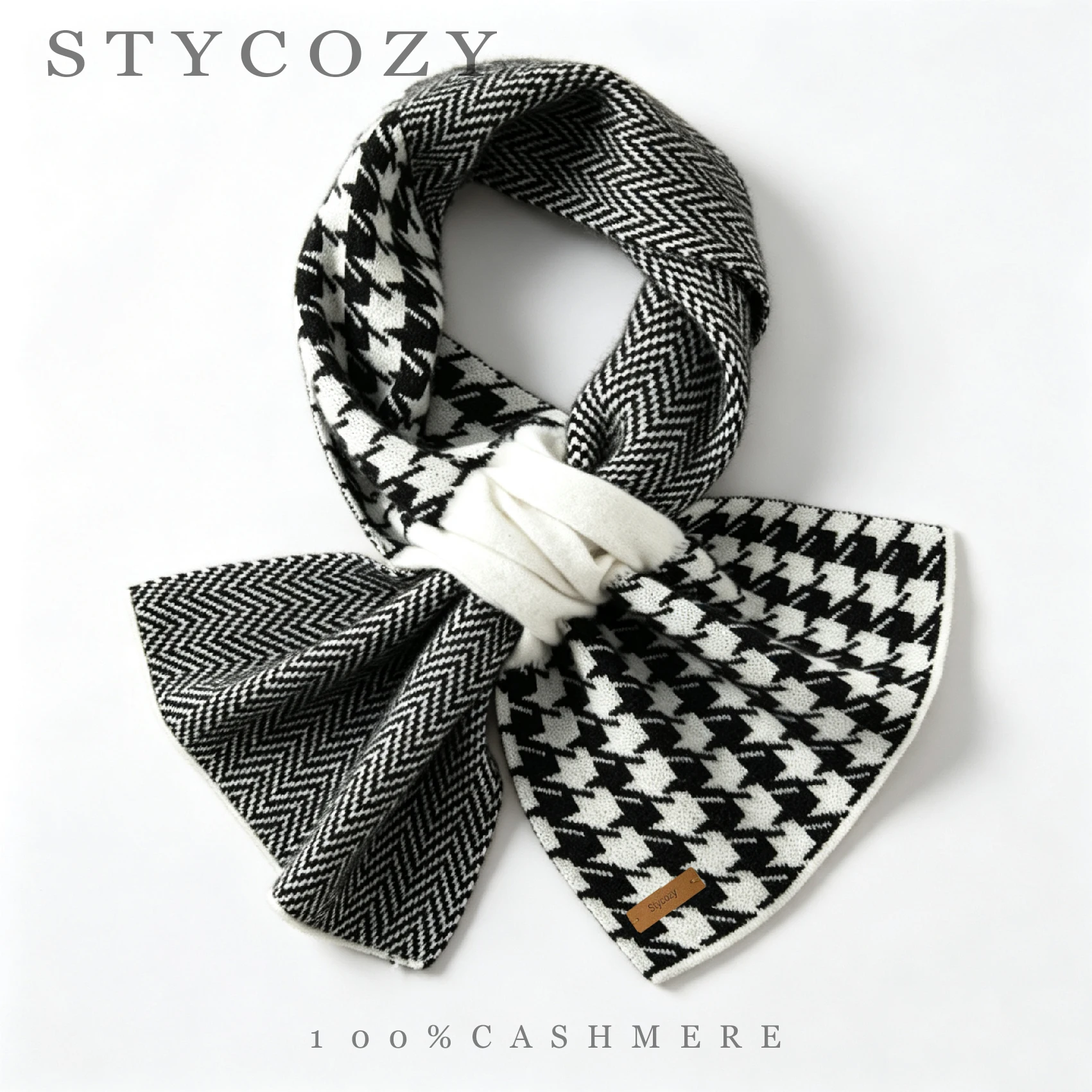 Ladies 100%Pure Cashmere Knitted Scarf Reversible Houndstooth Pattern Patchwork Neck Warmer Winter Outdoor Warm Neck Wrap Women