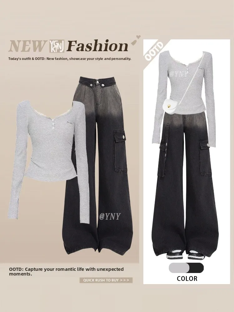 

High Waist Gradient Long Sleeve T-Shirt And Cargo Pants Two Piece Set Women's Fashion Casual Style round Neck Short Sleeve Top