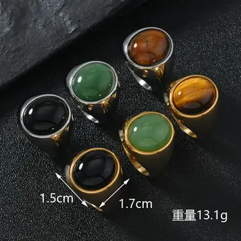 HNSP 316L 不鏽鋼橢圓形天然石戒指,男女通用,復古風格,黑色、綠色、虎眼石男士戒指 8 最佳銷售 天然寶石戒指 - №3