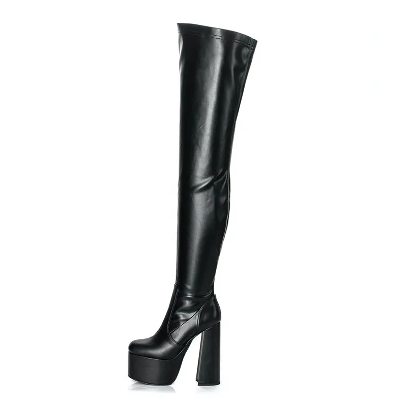 Ahhlsion New Women Spring Thigh Boots Faux Leather Sexy Block Heels Round Toe Black Night Club Shoes Ladies US Size 5-15