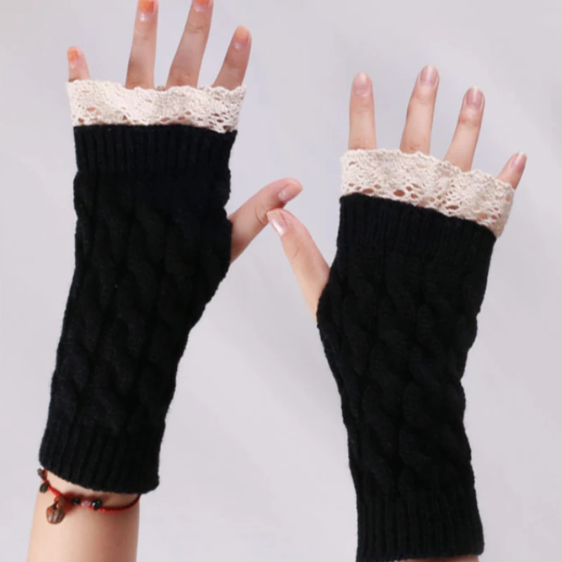 Kanten Manchetten Vrouwen Wollen Handschoenen Met Korte Mouwen Mooie Armwarmers Winter Vrouwen Warme Koreaanse Stijl Kanten Manchet Gebreide Halve Vinger Handschoenen