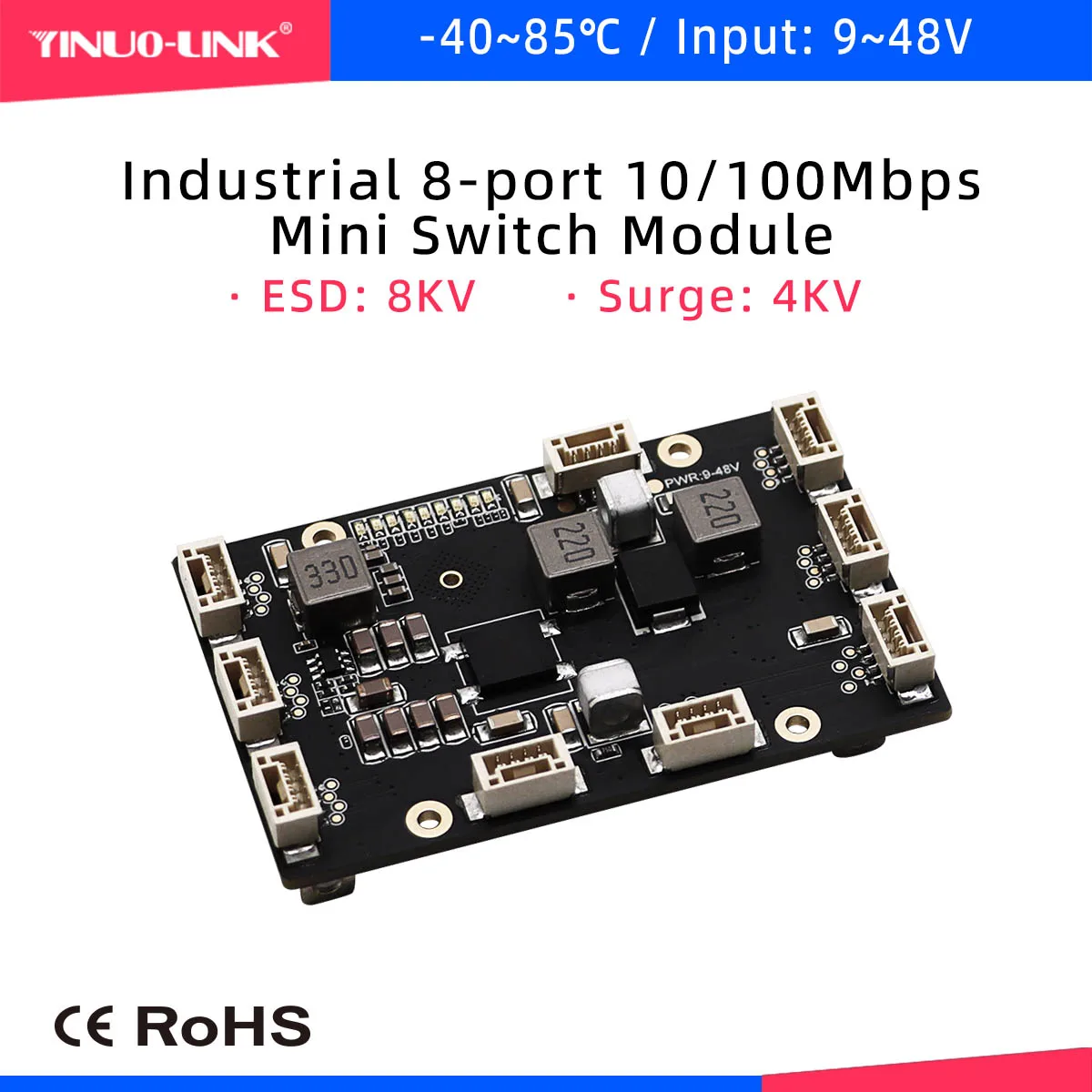 YINUO-LINK_YN-IES10801 Non-Managed 8-Port Mini Industrial Switch Module ESD-8KV Contact 10/100Mbps Fast Ethernet Switch Board