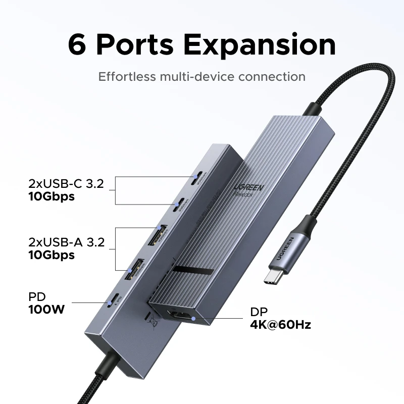 UGREEN DisplayPort USB HUB Type-C إلى DP 4K60 هرتز 10 جيجابت في الثانية منافذ بيانات USB-A/C PD100W شحن لأجهزة الكمبيوتر المحمول MacBook Samsung Dell Lenovo