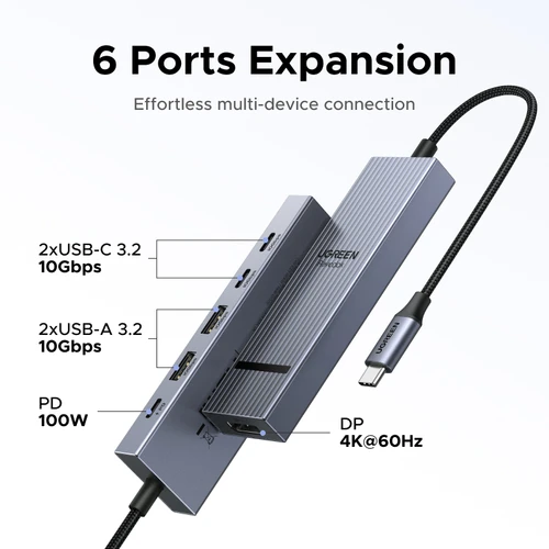 Imagen 2 del producto UGREEN DisplayPort USB HUB tipo C a DP 4K60Hz 10Gbps USB-A/C puertos de datos PD100W carga para portátil MacBook Samsung Dell Lenovo