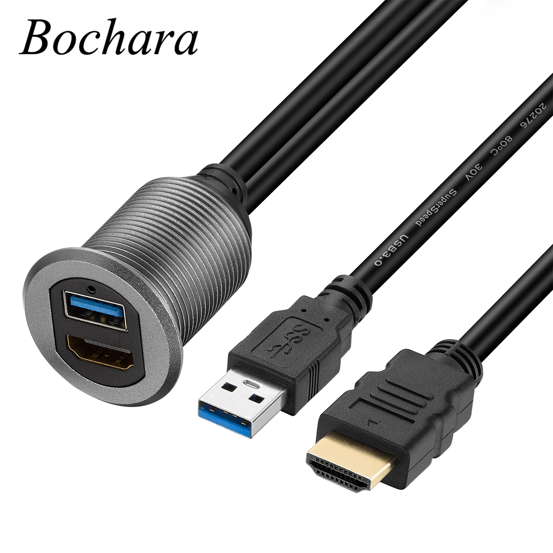 Bochara USB 3.0+HDMI-Compatible 4K@60Hz Extension Male to Female Flush Mount Panel Aluminum Alloy Dashboard Cable For Car 1m