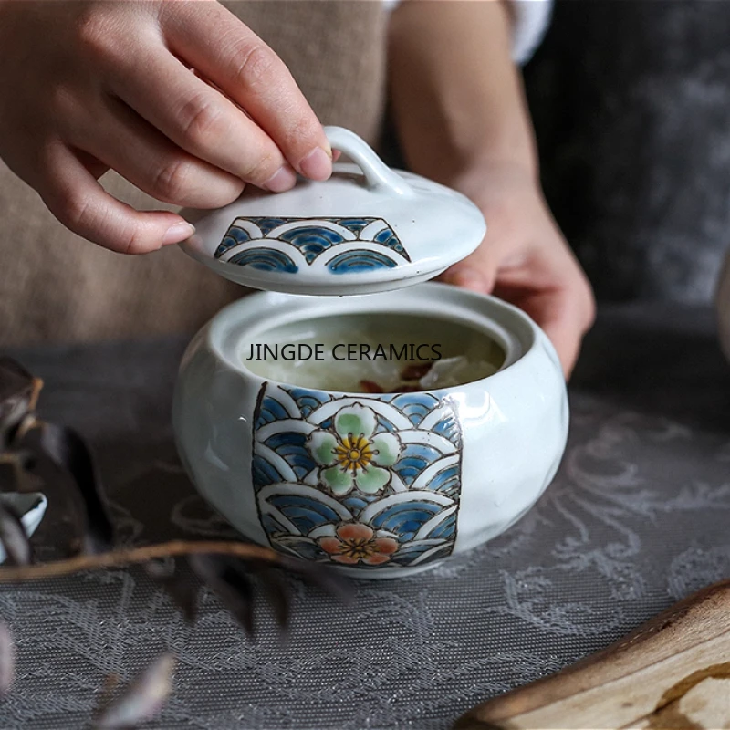 1pc Japanese Hand-painted Underglaze Color Stew Pot, Ceramic Tableware Stew Bowl, Covered Household Stew Pot, Kitchen Utensils