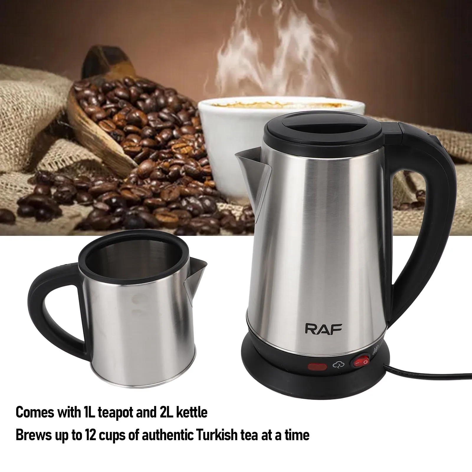 مجموعة غلاية كهربائية تركية 1 لتر 2 لتر سعة كبيرة من الفولاذ المقاوم للصدأ ماكينة صنع شاي الأعشاب السوداء غلاية منزلية مزدوجة مجموعة إبريق الشاي التركي