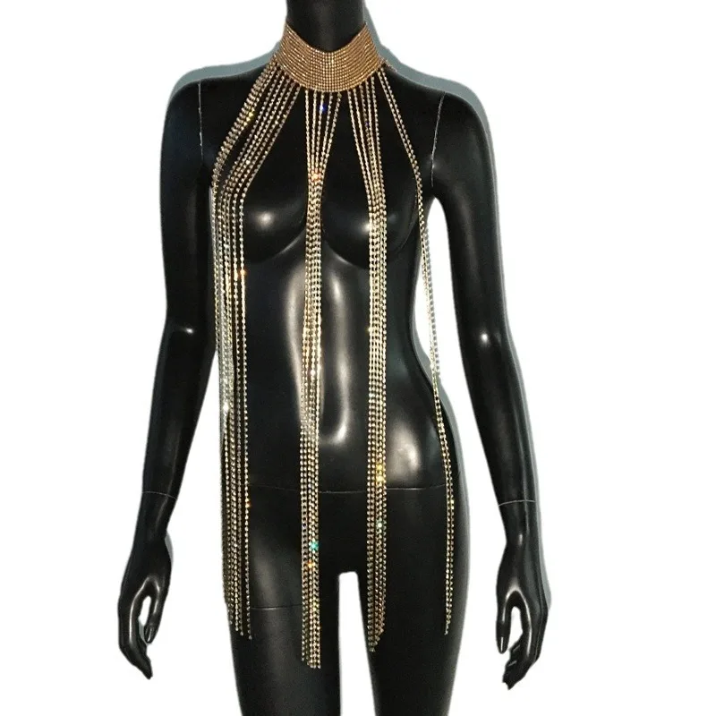 Luxury Ins Bling Rhinestone Tassel Breast Chain for Women Wide Collar Choker Camis Tops Night Clubwear Sexy Body Chain Jewelry