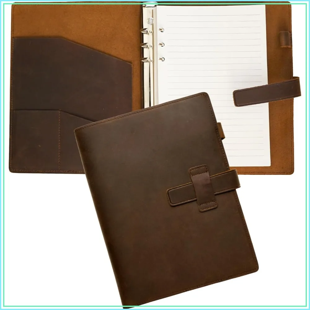 

Refillable A5 Leather Binder Notebook 6-Ring, Genuine Leather Journal, Vintage Planner, 120 Pages Lined Paper & Pocket, 6.9"x9"