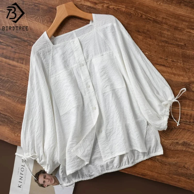 

Birdtree, 76% Real Silk 24% Nylon Blouse, Squre Neck Batwing Sleeve Shirt, Women Dry Silk Elegant Tops, 2026 Summer New T64025JF