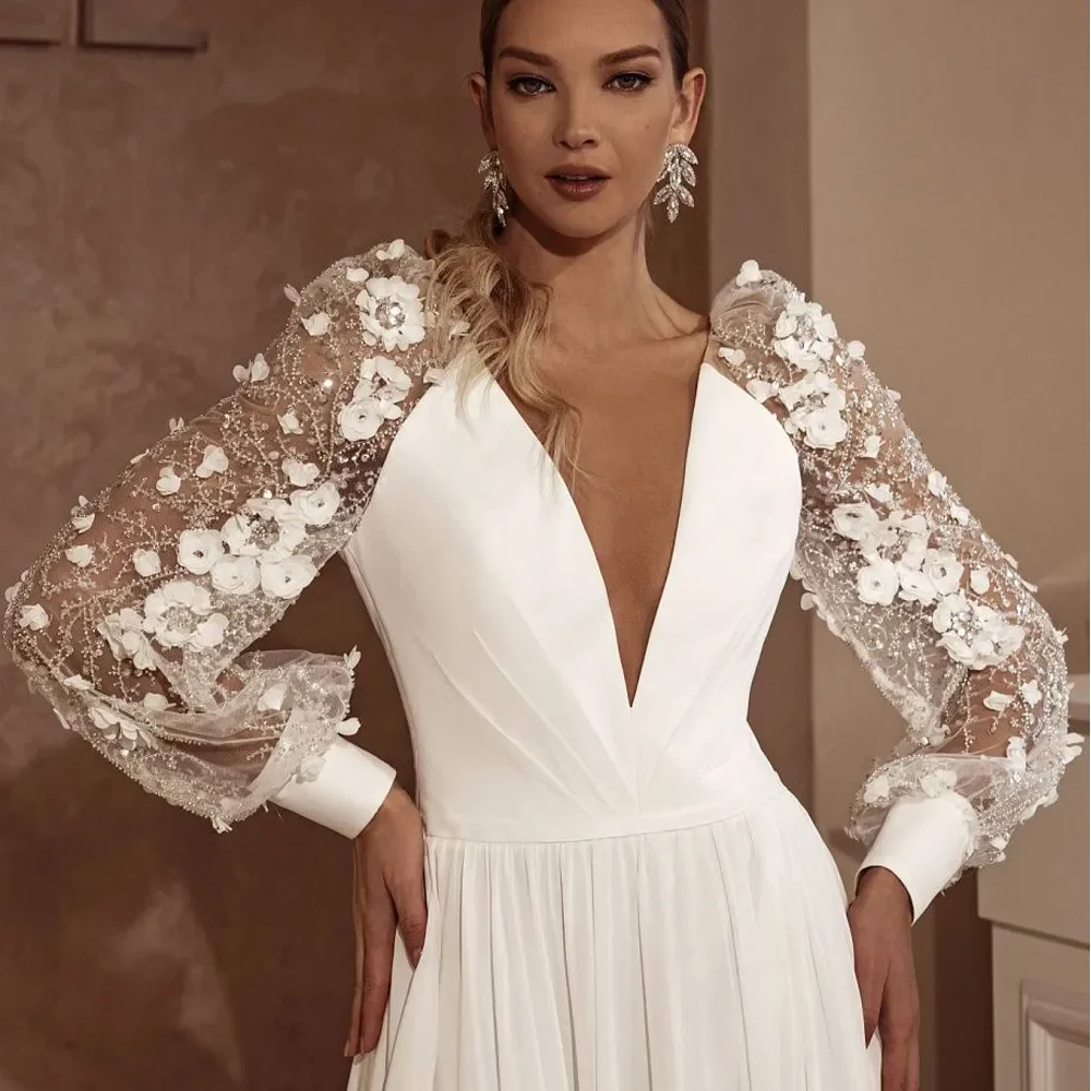 Robe de Mariée Trapèze Élégante en Dentelle 3D pour Femme, Manches Bouffantes, Col en V, Dos aux, Sexy, Fente Latérale, Patients, Plage, Jardin, Nouvelle Collection 2024