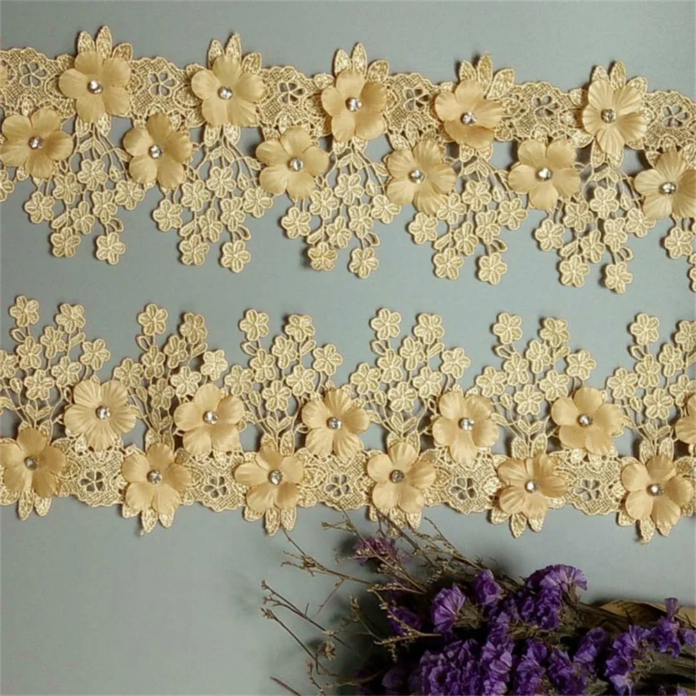 1 Yard Oro 9 centimetri Perla 3D Fiore Nappa Lace Trim Nastro Tessuto Ricamato Applique Mestiere di Cucito Abiti Abito Da Sposa nuovo Caldo