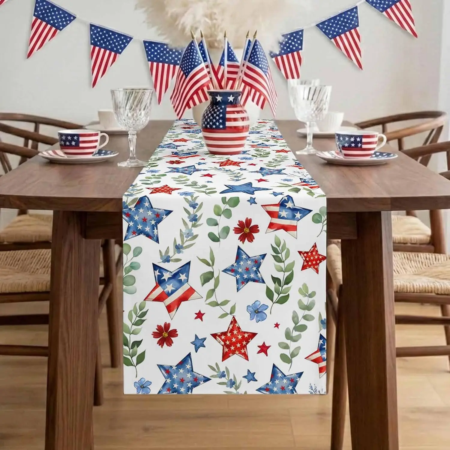 4th of July Patriotic Star Floral Eucalyptus Leaves Table Runner, Independence Day GreenKitchen Dining Room Indoor Outdoor Decor