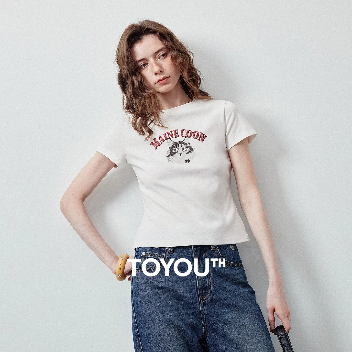 

TOYOUTH Women Retro Cat Print T-Shirt 2026 Summer New Slim Short Regular Shoulder Slimming Pullover Tops