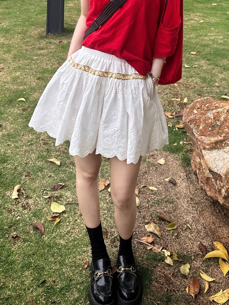 

White Cotton Lace Trim A-Line Skirt Women Summer New Sle High Waist Slimming Versatile Fulln ort Skirt