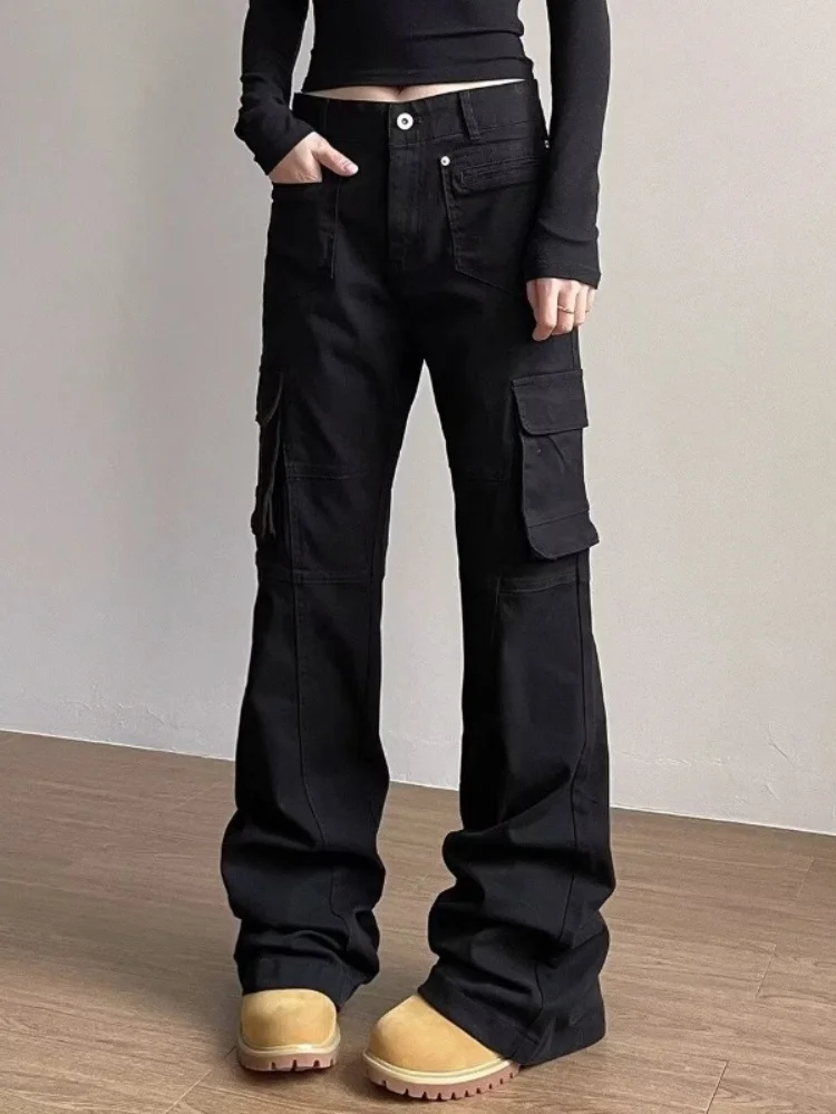 2025, Cyber Y2K Mode Schwarz Slim Flare Cargo Jeans Hosen Für Frauen Kleidung Multi Taschen Kleid Dame Lange Hosen Ropa Mujer