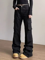 2025 Cyber Y2K Fashion Black Slim Flare Cargo Jeans Pants For Women Clothing Multi Pockets Dress Lady Long Trousers Ropa Mujer