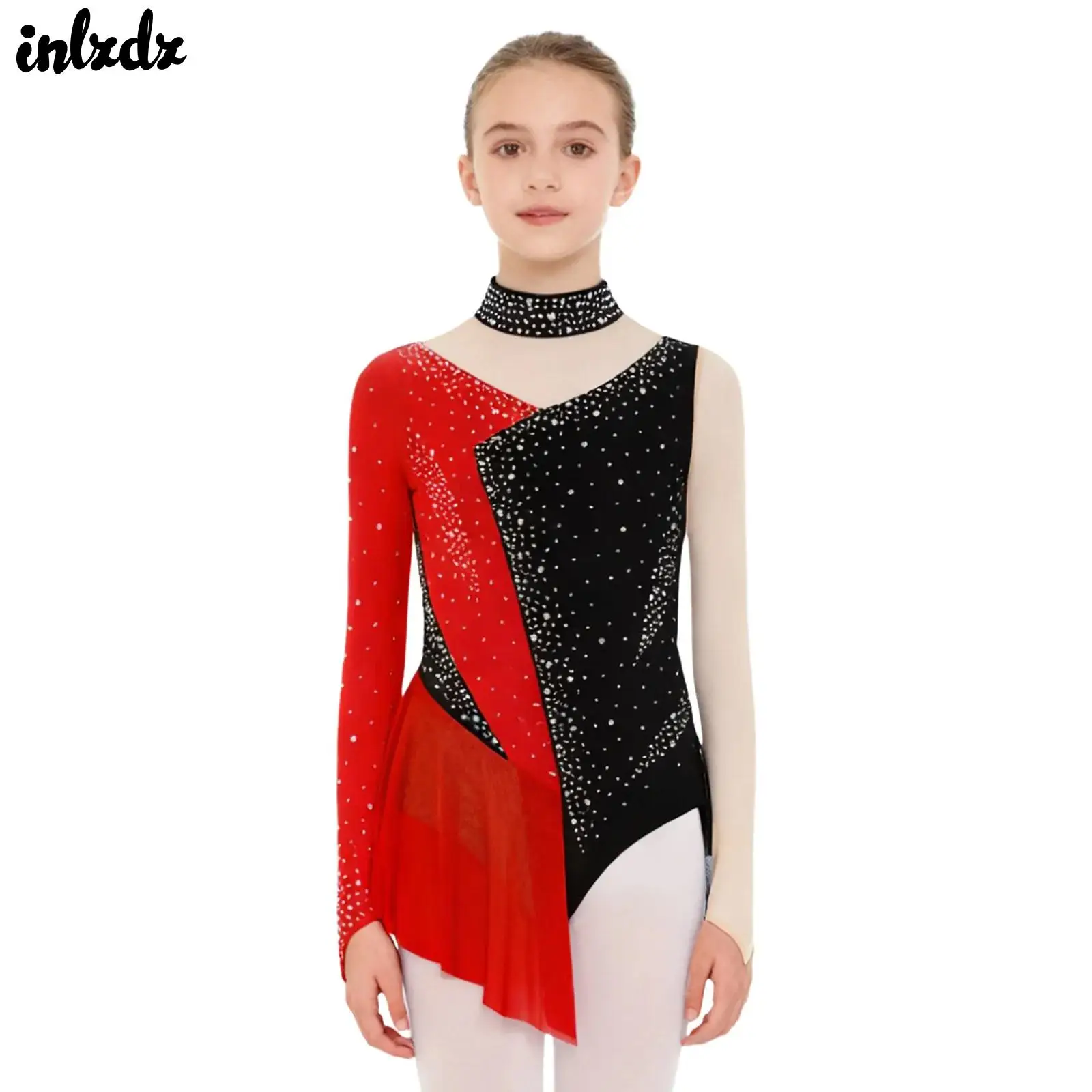 어린이 소녀 반짝이는 라인스톤 체조 발레 져지 레오타드 시어 메쉬 바디수트 예술 피겨 스케이팅 공연 의상