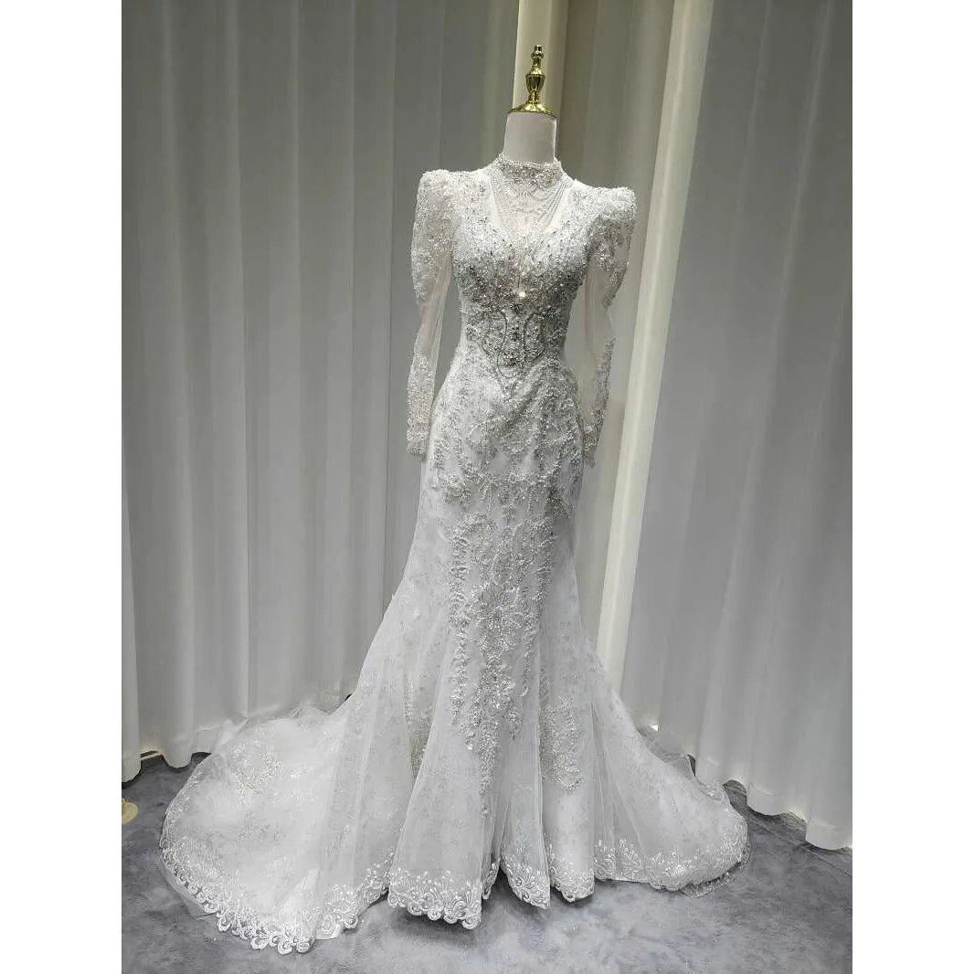 Exquisite Wedding Dresses High Neck Long Sleeves Sparkling Crystal with Applique Beading Pearls Real Picture L&P DQL Studio