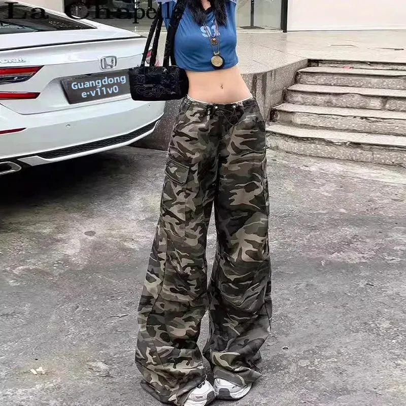 سراويل العمل المموهة الأمريكية الرجعية فضفاضة مستقيمة الساق عادية رقيقة طويلة بنطلون للنساء الصيف نمط شارع العليا #1