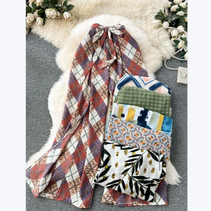 

Beach Pants Holiday Chiffon Wide Leg Pants Boho Woman Clothing Print High Waist Fashion All-Match Split Straight Palazzo Women's