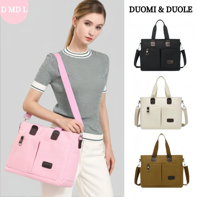 

2026 Spring Casual Practical Light Pink Canvas Tote Bag Women's Black PU Accent Exterior Multi-Pockets Large Capacity Daily Mate
