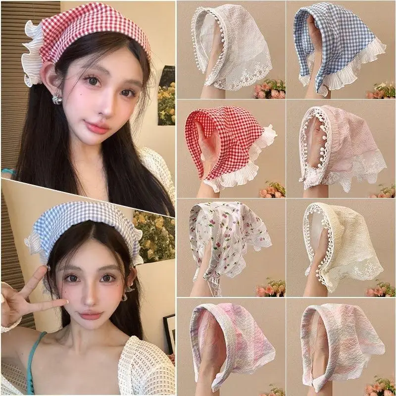 

Summer Lace Triangle Headscarf Woman Headwear Fashion Square Scarf Headband Hair Accessories Sweet Turban Cap Girl Court Bonnet
