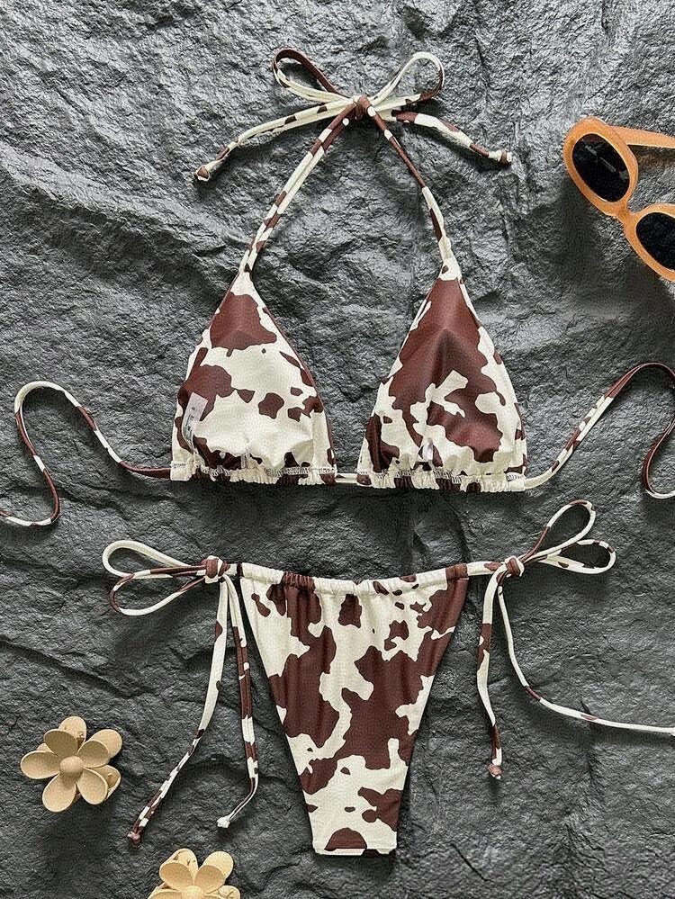 Women Bikini Set 2026 Summer Brown White Cow Print Halter Triangle Tie Side String Sexy Swimwear Female Beach Vacation Bathing S