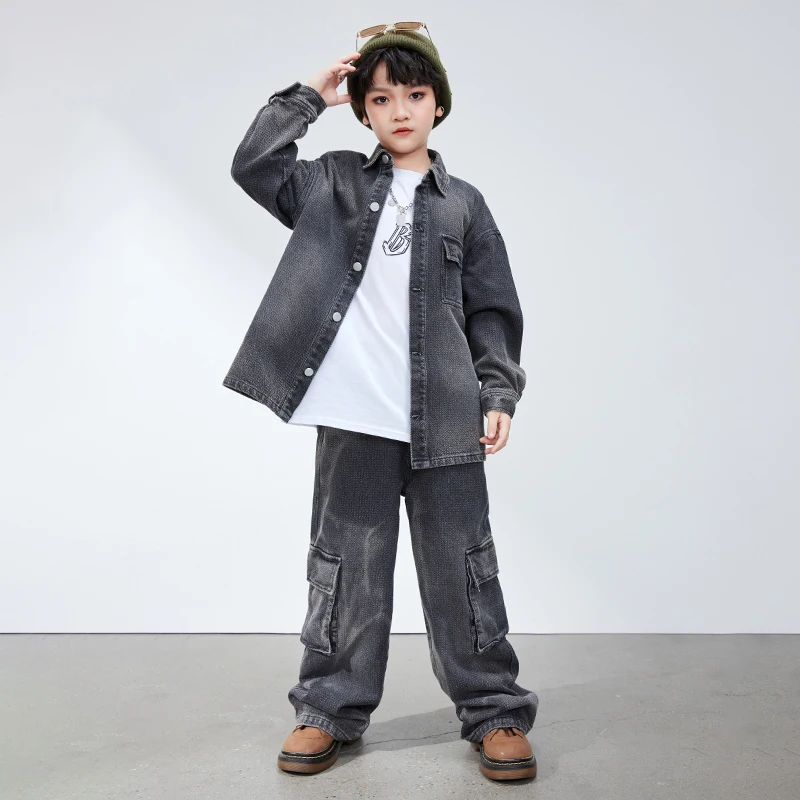 Fashion Boys Hip Hop Dance Costume maniche lunghe abito in Denim nero cappotto pantaloni ragazze Jazz Performance Clothes Stage Wear BL12180