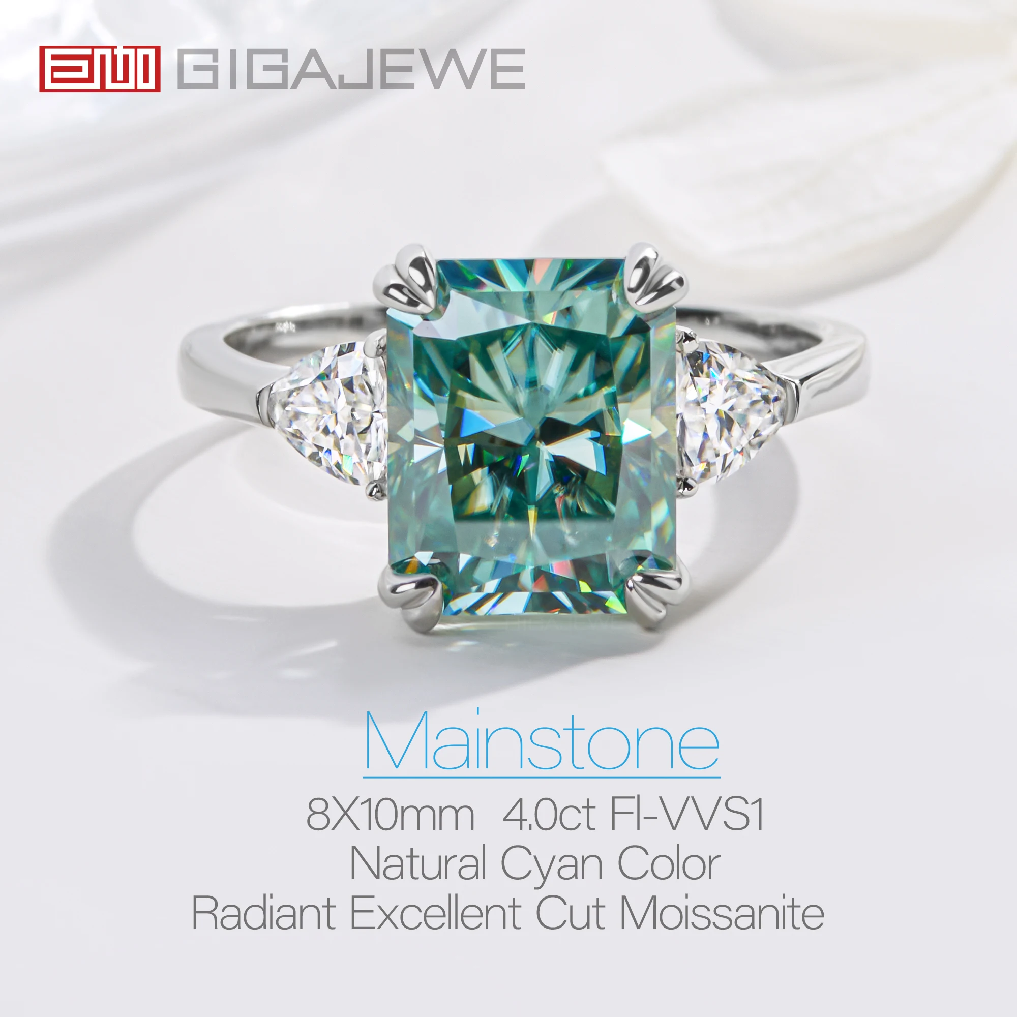 GIGAJEWE Moissanite 8x10mm 4.0ct promienny krój naturalny cyjan S925 srebrny pierścionek diamentowy Test przeszedł prezent żony kobiety z GRA