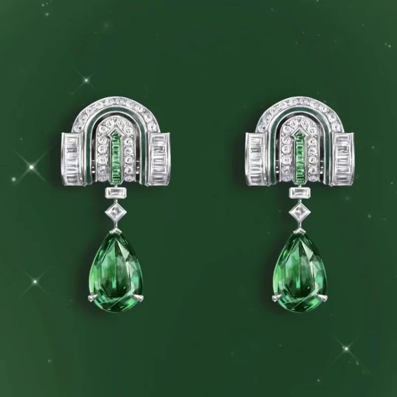 

The 2026 model geometric-shaped green CZ shining cubic zirconia earrings are suitable for women to wear on wedding occasions