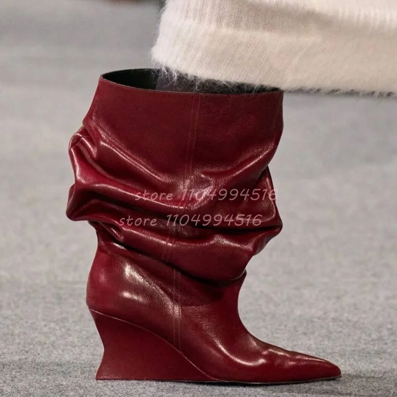 

Red Wedges Pleated Ankle Boots Women Black Pointed Toe Leather Vintage Boots 2025 Fashion Elegant Commute Autumn Ladies Shoes