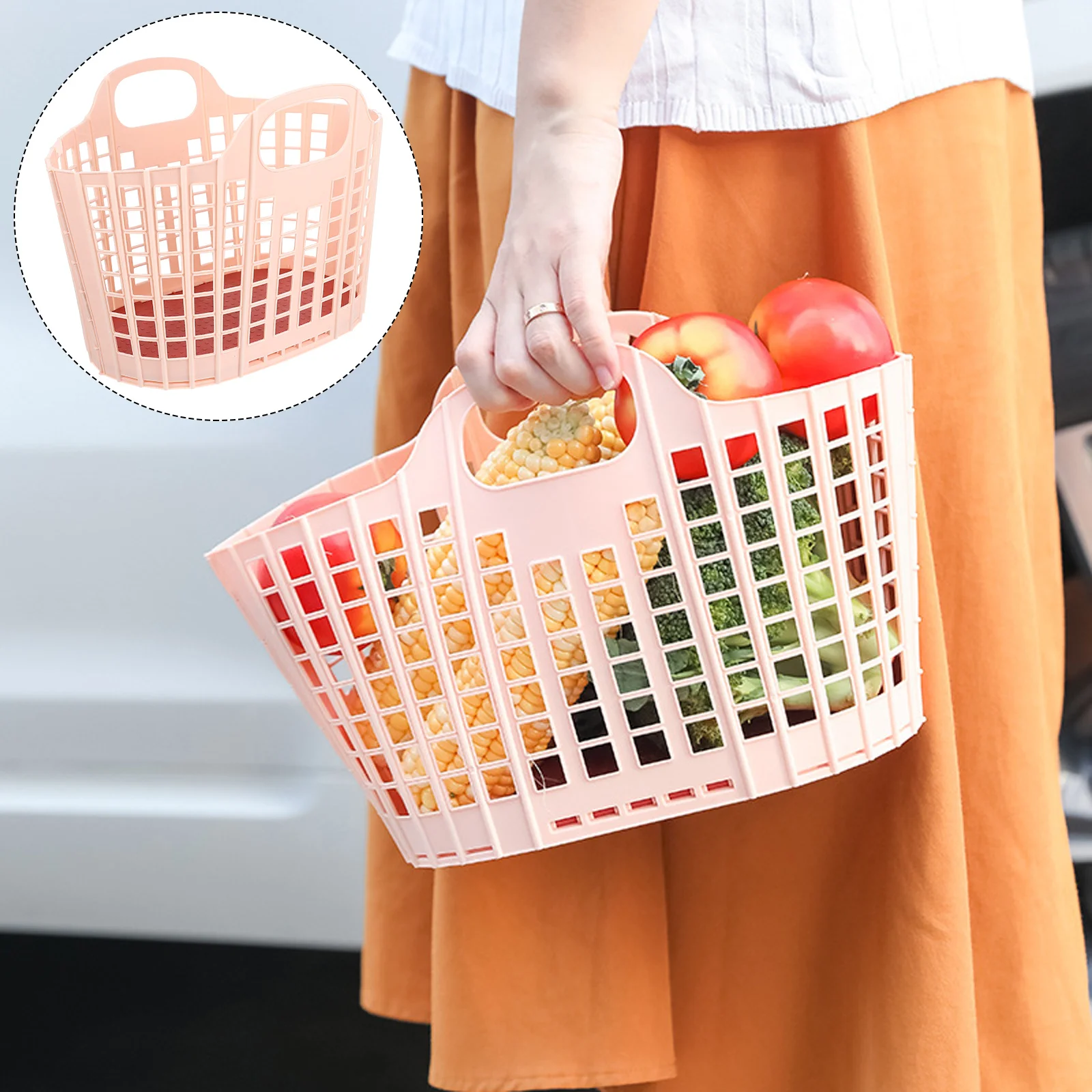 

Foldable Plastic Basket For Home Kitchen Storage Fruit Vegetable Organizer Hollow-Out Design Lightweight Handle Portable