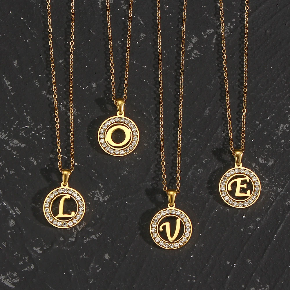 E.B.belle Hollow Round Zircon Paved 26 Alphabet Initial Necklace Ladies Elegant Birthday Gift 18K Gold Plated Letter Necklace