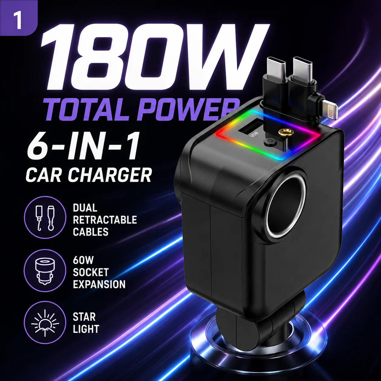 180W 6 in 1 Car Charger Dual Retractable USB C Lightning Cables 60W Socket RGB Star Light 180 Degree Adjustable