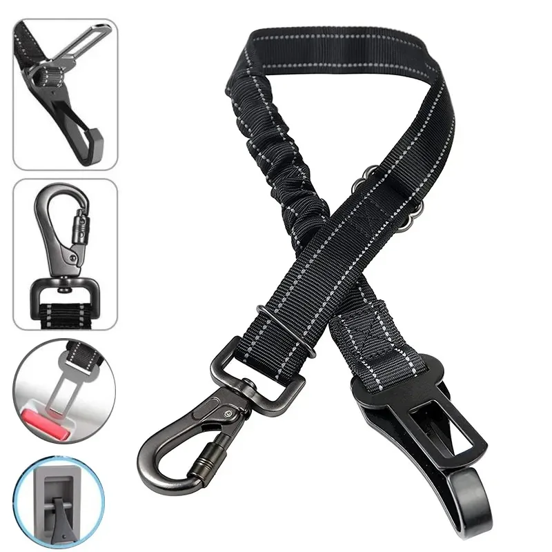 Cinturón de seguridad de coche 3 en 1 para perros, asiento ajustable reflectante de nailon para mascotas, Clip de plomo para vehículo, cuerda de tracción de seguridad para perros pequeños y grandes