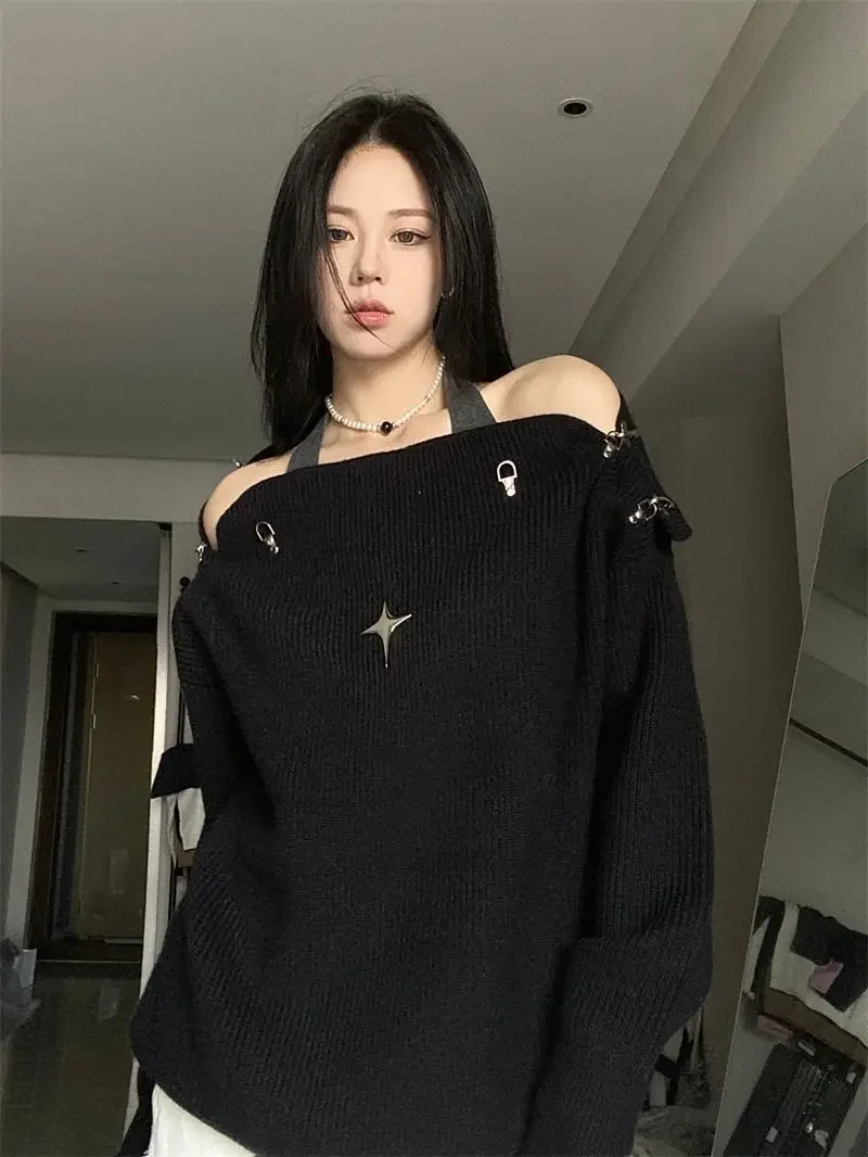 Sexy Off Shoulder Slash Neck Pullover Sweater Autumn 2024 Loose Casual Solid Jumpers Harajuku Vintage Fashion Y2k Tops Grunge