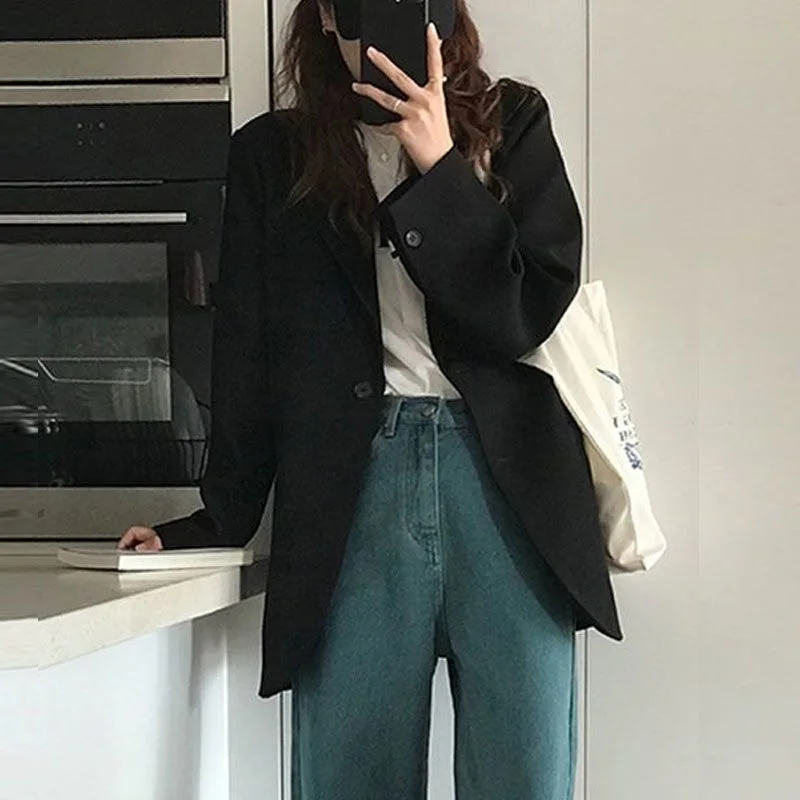 

Привлекательный женский черный однотонный пиджак большого размера на одной пуговице для работы, повседневный пиджак, весенне-осенняя куртка, инфлюенсер, корейский стиль
