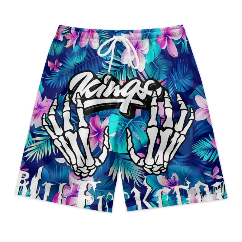 White Skeleton Fingers Print Men's Drawstring Waist Shorts Polyester Beach Shorts Quick Dry Breathable Casual Sport Shorts