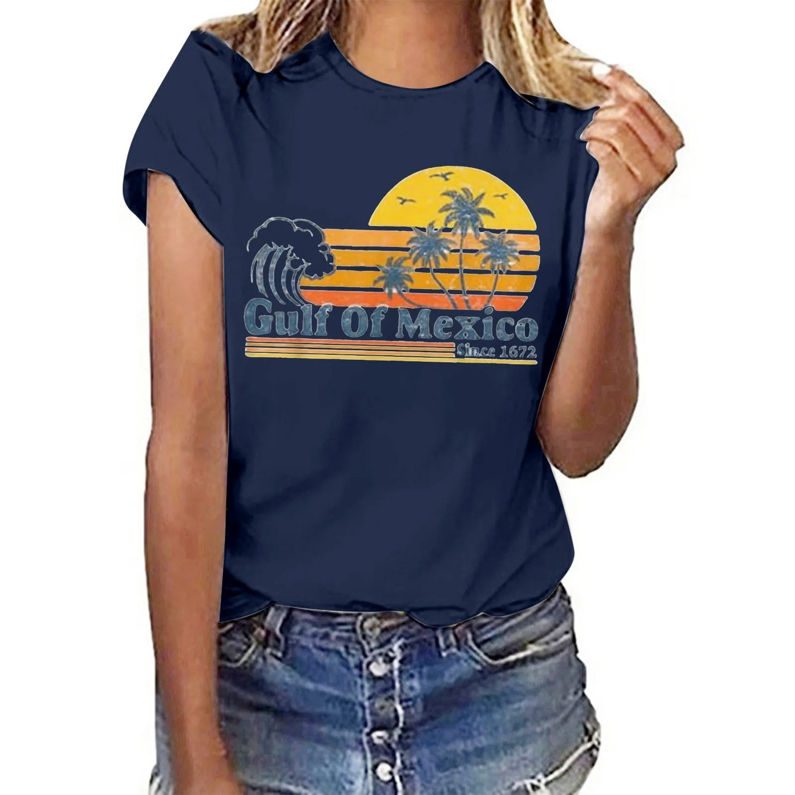 Gulf of Mexico Since 1672 T Shirt for Women Women's Letter Print Crew Neck Short Sleeve T Shirt Tee Shirt Tops Female