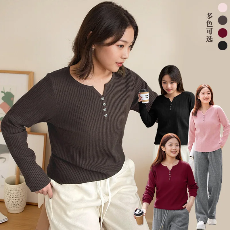 Plus size, autumn and winter outerwear base shirt V-neck button versatile knit T-shirt 3475