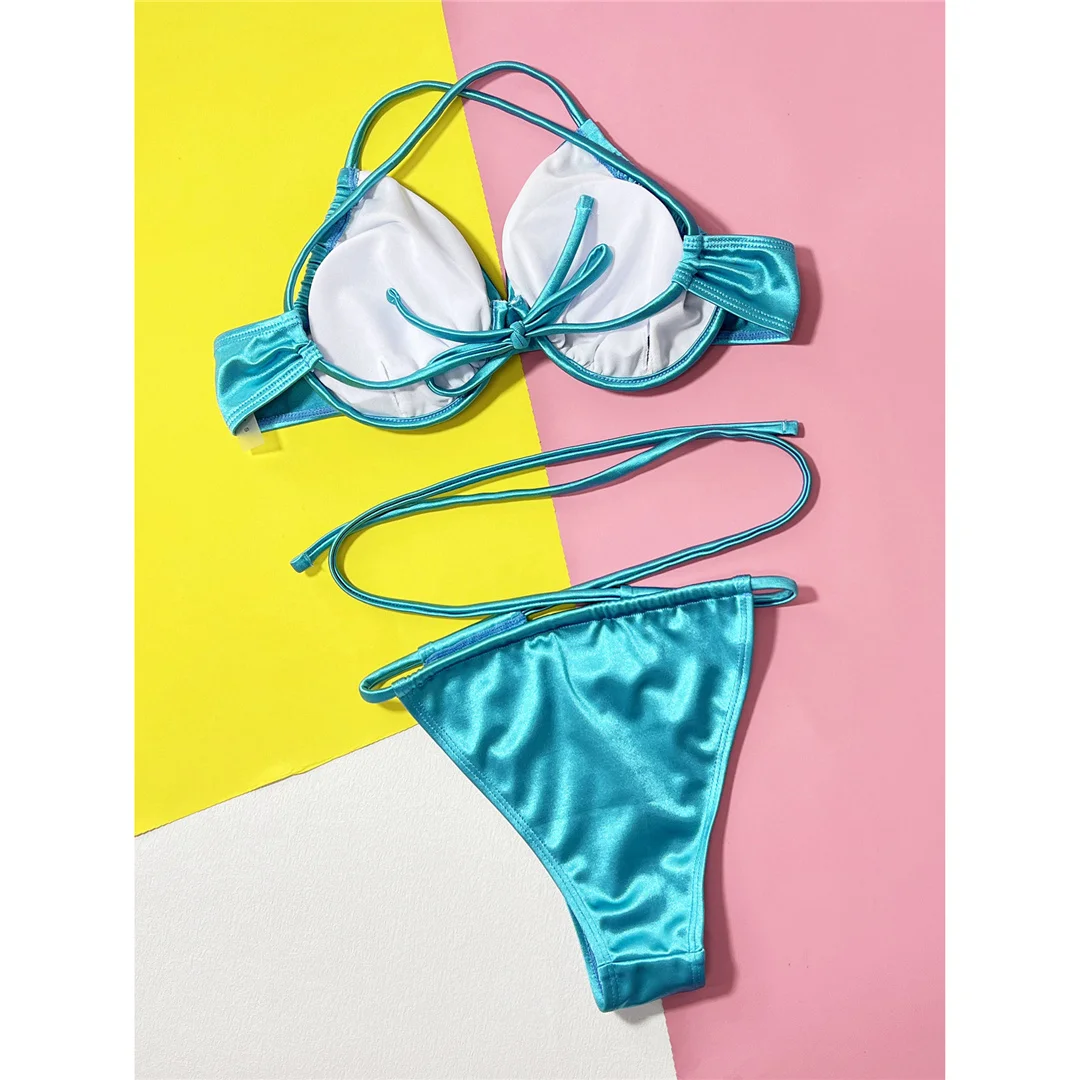 Sexy, geraffter Bikini mit Bügel und überkreuztem Rücken, Damen-Badeanzug, zweiteiliges Bikini-Set, Badebekleidung, Badeanzug, Modell V4748. – Detail 10