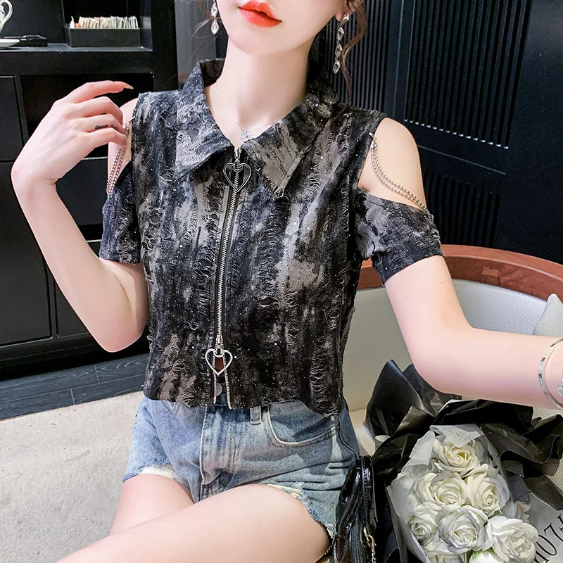 MadBlack European Clothes Tshirts Women Sexy Turn Down Collar Shiny Beads Zipper Slim Cropped Tops Short Sleeve Tees T45869JC