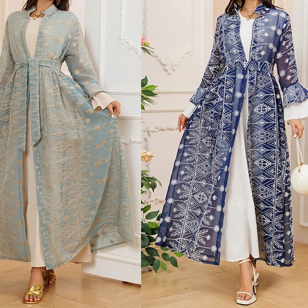 2025 Otoño e Invierno nuevas llegadas Amazon Dubai manga acampanada elegante vestido largo bata bordada cárdigan conjunto de dos piezas-GZXX576