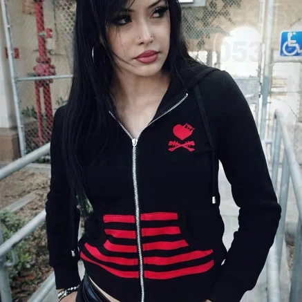 Hip Hop Streetwear Women Zip-up Hoodie Fall Winter Letter Print Punk Y2k Jacket Vintage Grunge Unisex Oversized Gothic Outerwear