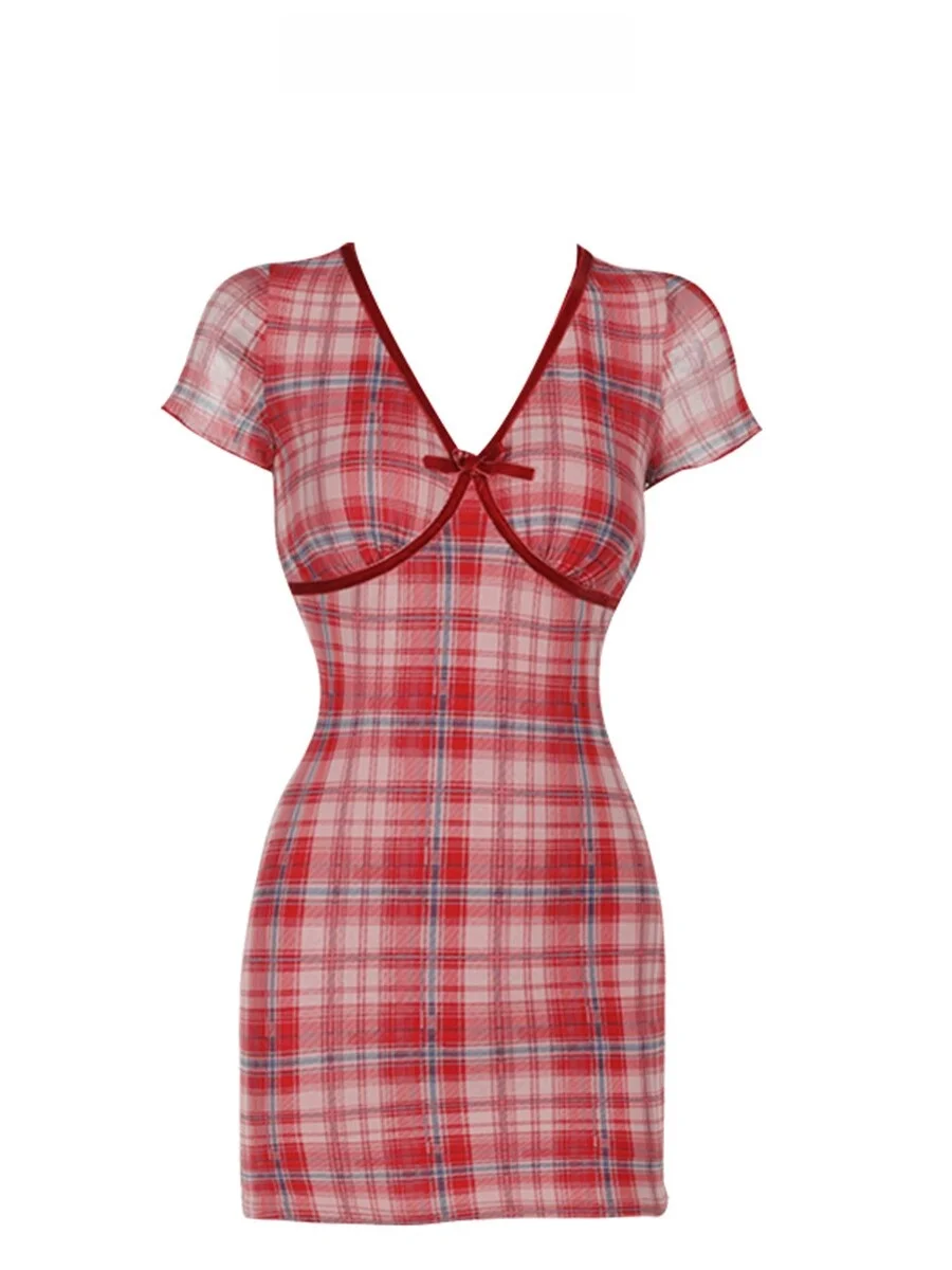 

Французское летнее женское платье с V-образным вырезом, в клетку, с коротким рукавом, облегающее, с завязками на талии, для стройности, элегантное