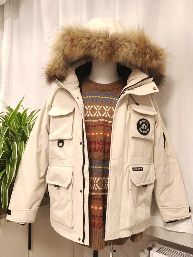 

Outdoor Windproof Water-resistant Cold-resistant Warm Du down Hooded Jaet Loose Casual down Coat Men Winter Polyester Fiber