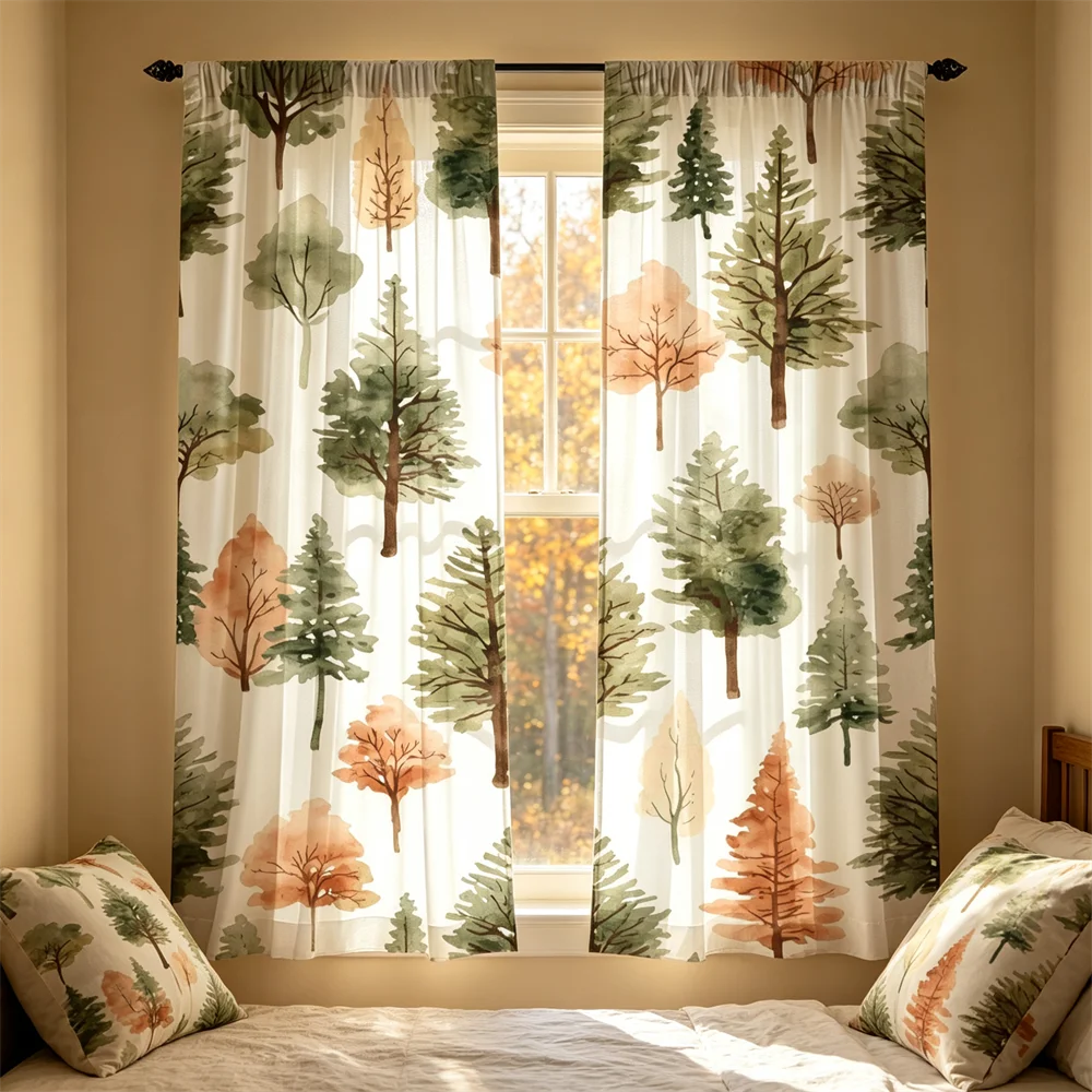 2PCS Watercolor mixed trees Print Curtains, Bedroom Window Drapes, Rod Pocket Polyester, Home Decor Holiday Decoration