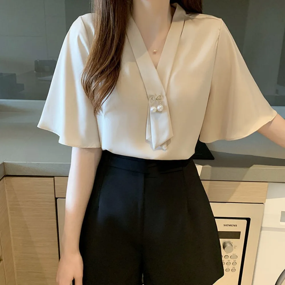 

Solid Color Bow Elegant Shirt Lace Up Professional Long Sleeve Blouse Loose Office Lady Women's Chiffon Blouses Spring Autumn